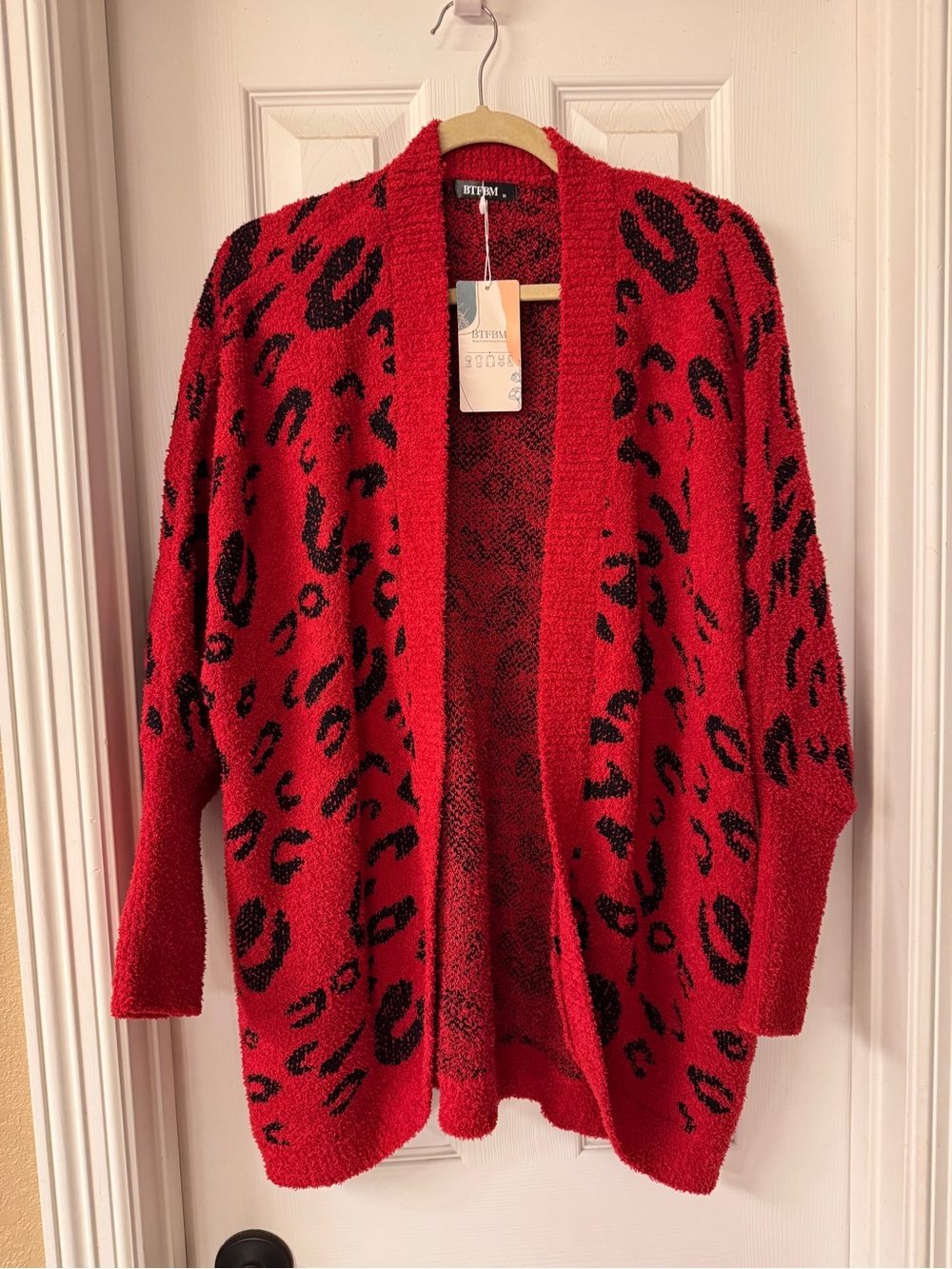 Red Leopard-Print Open Front Cardigan Sweater